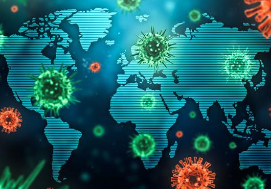 An illustrated map of the world with hovering viral particles