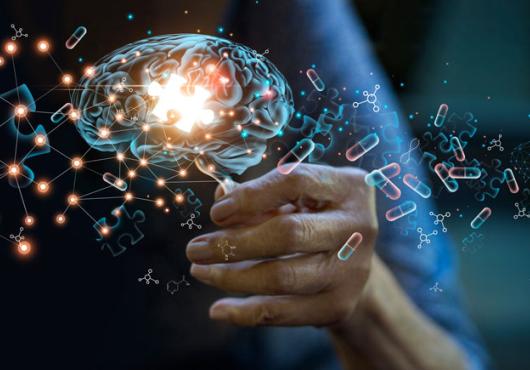 Illustration of an older person's hand holding a holographic image of a brain with an illuminated puzzle piece inside it