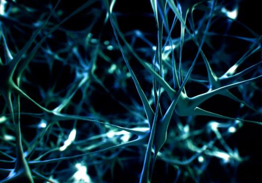 A network of blue neurons with sporadic bursts of light