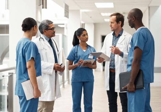 Doctors talking in a group in a hospital 