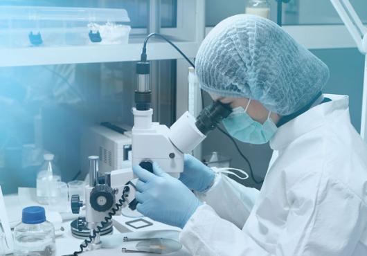 Photo of a female scientist in white lab coat peering into a microscope at a lab bench