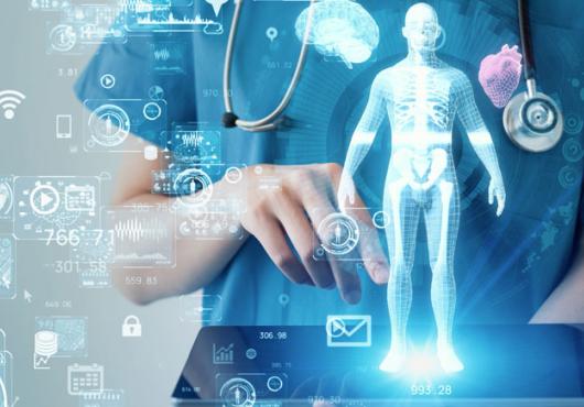 Illustration of a person in blue scrubs touching a screen with a hologram of the human body