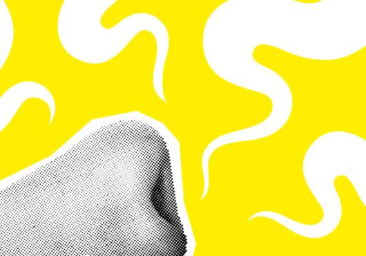 A stylized nose illustration on a yellow background with white smell lines 