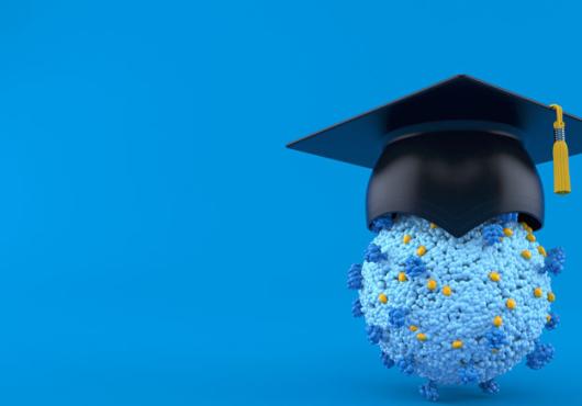 Illustration of a coronavirus with a mortarboard on top of it