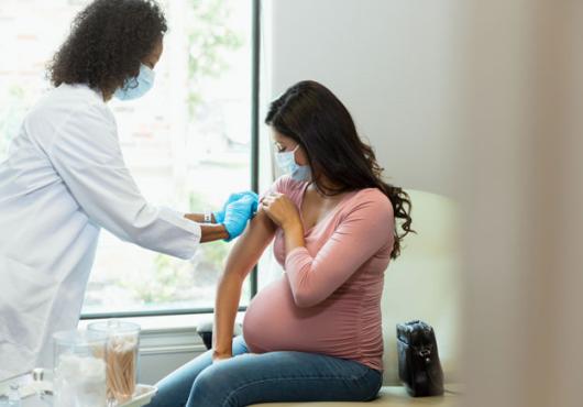 A doctor prepares a pregnant person's arm for a vaccine