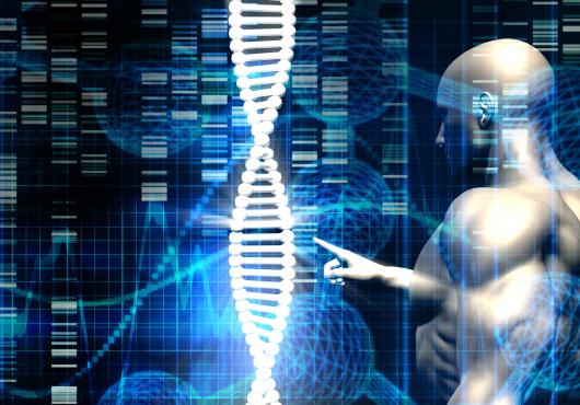 Illustration of robot-like figure touching a DNA strand