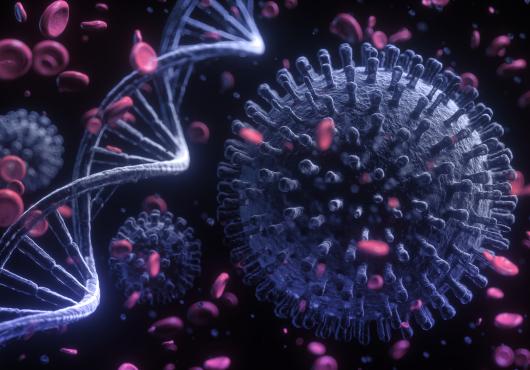 DNA strand with SARS-CoV-2 pink and blue