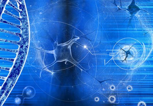 neuron and dna on blue background