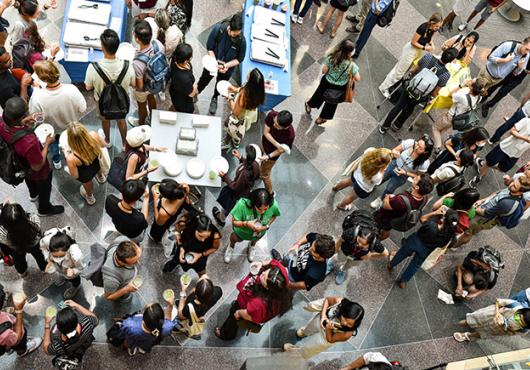 Overhead photograph of new medical and dental students at a gathering in one of the HMS Quad buildings