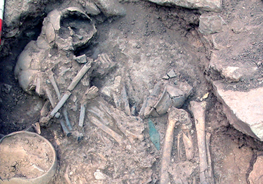 Two skeletons in an exhumed gravesite, with scale bars