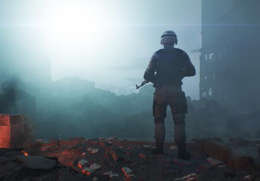 Stock photo illustration of a soldier holding a machine gun in smoking, burning ruins.