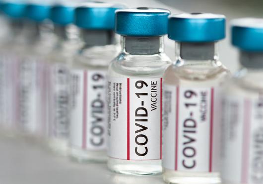 A row of vials labeled COVID-19 vaccine sits on a shelf.
