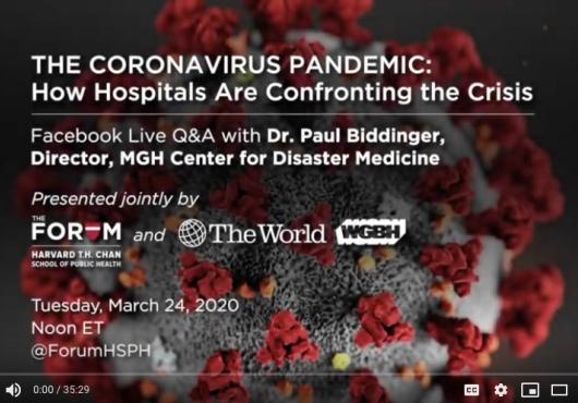 An illustration of the conornavirus with text describing an event about how hospitals are confronting the pandemic.  