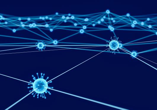 stylized SARS-CoV-2 particles sending out connections to many others bright blue on dark blue background