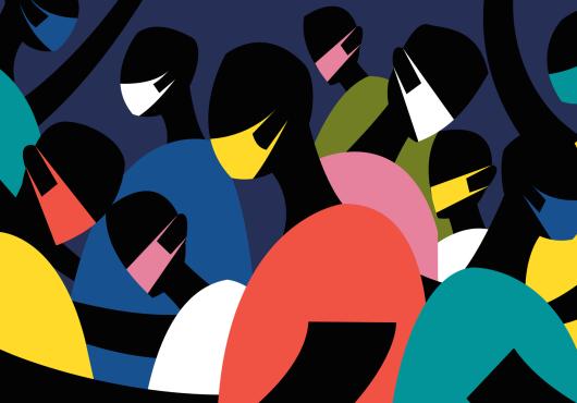 illustration of figures in colorful clothing wearing masks