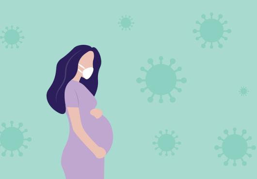 Illustration of pregnant woman wearing a mask with green background of coronaviruses