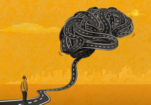 Illustration of a man standing looking at a brain balloon made of tangled black tape that looks like a road, on a gold background