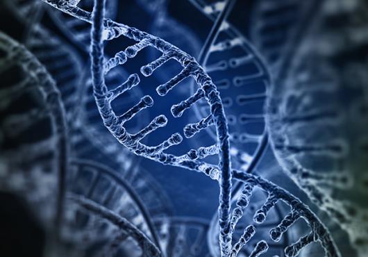 Artist's rendition of a strand of DNA against a blue and black background