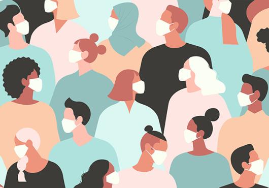 Artistic rendering of a diverse group of people wearing protective face masks