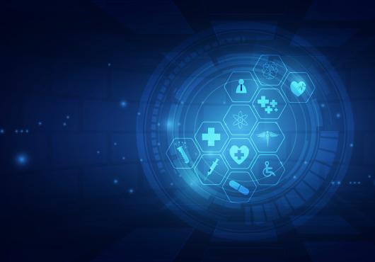 abstract image showing symbols of health care (stethoscope, heartbeat, syringe)  in bright blue drawing on dark blue background