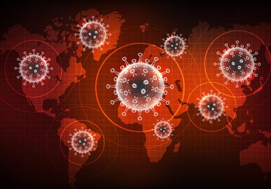 Illustrations of coronavirus virons superimposed no a map of the world. 