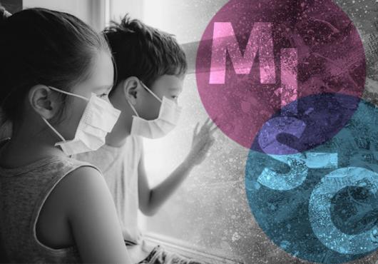 Black and white image of two children in surgical masks. To the side, pink and blue circles intersect with watermarked letters MIS-C
