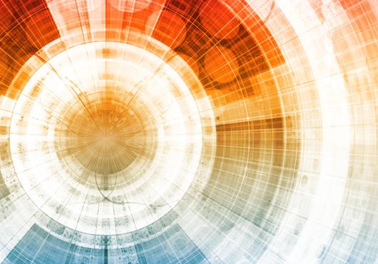 concentric digital design with orange and blue hues