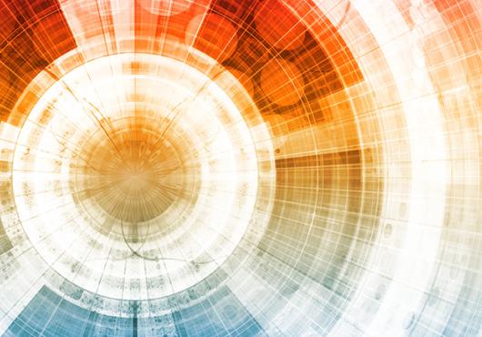 concentric digital design with orange and blue hues