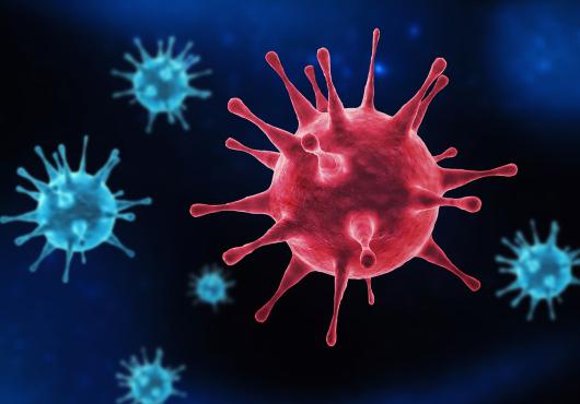 Illustration of several blue spherical virus particles with protruding spike proteins, and one red one.