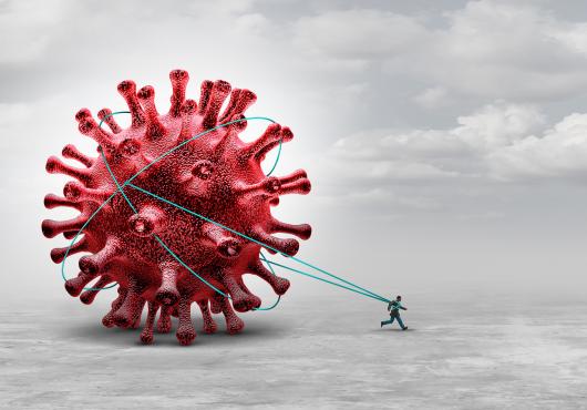 illustration of a large SARS-CoV-2 spike protein tethered to a person trying to walk away