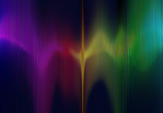 Rising and falling waves of blue, violet, red, orange, yellow and green lines.