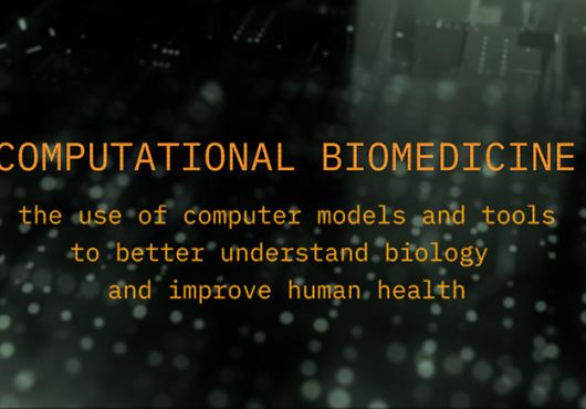 Text over a computer circuit -- Computational Biomedicine: The use of computer models and tools to better understand biology and improve human health