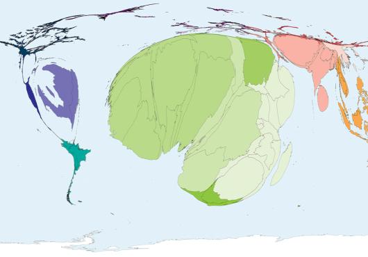 A map of the world distorted so that the countries with the most deaths from epidemic disease are the largest.
