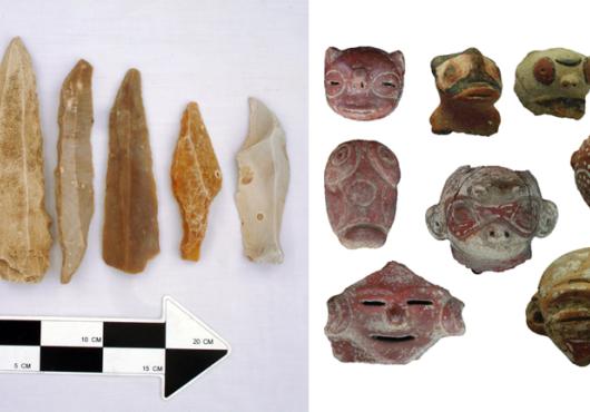 Side by side photographs show a line of stone arrowheads with a scale bar at bottom and a collection of ceramic figures in the shape of animal heads