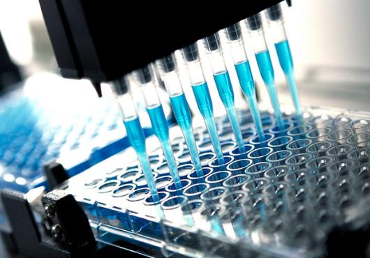  Backlit pipettes filling a matrix with a blue fluid.