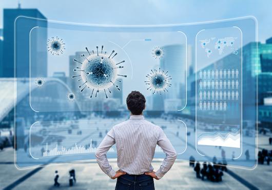 Person facing landscape and viral particles in the air