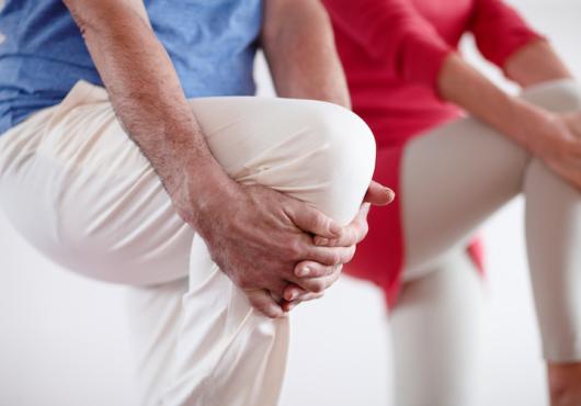 Two people doing yoga balance pose, holding knee and standing on one leg