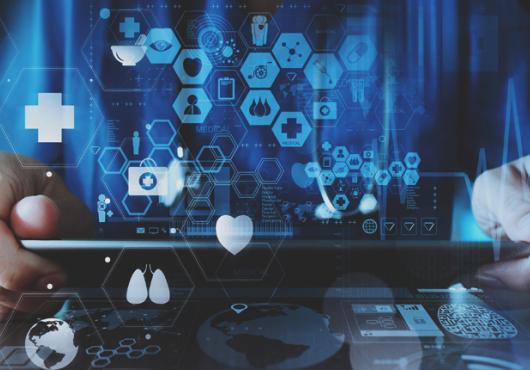 Doctor with abstract graphics representing information