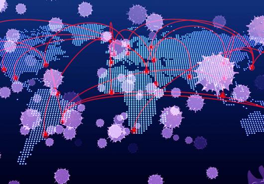 digital illustration of the world, connecting lines and floating viruses