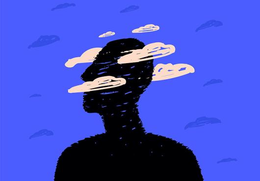 silhouette in dark with clouds around the head illustrating brain fog