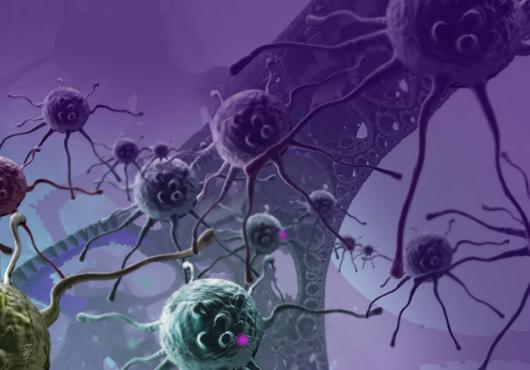 Close digital image of bunch purple and yellow cancer cells