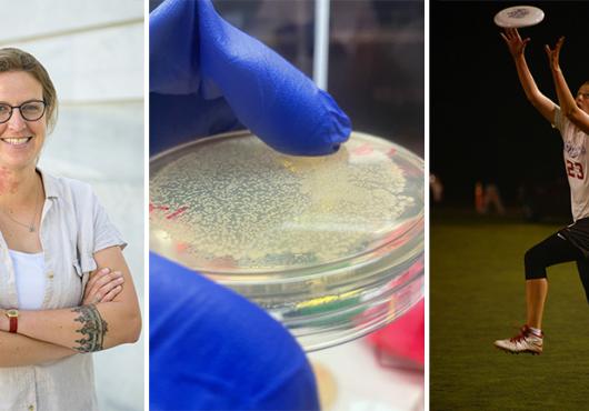 three images side by side. left: portrait photo of a young woman with crossed arms and a tattoo on her left forearm. Center: close-up of a gloved hand holding a round plate with specks on it. Right: the same young woman, wearing athletic gear on a field at night, leaps to catch a frisbee near her fingertips.