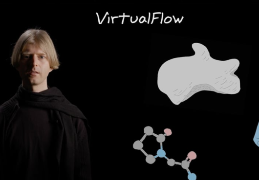Image of young man against black background with illustrations of molecule and flask