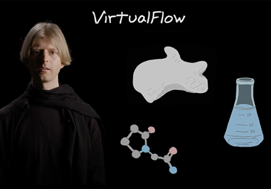 Christoph Gorgulla and illustrations of a protein, a molecule and a flask