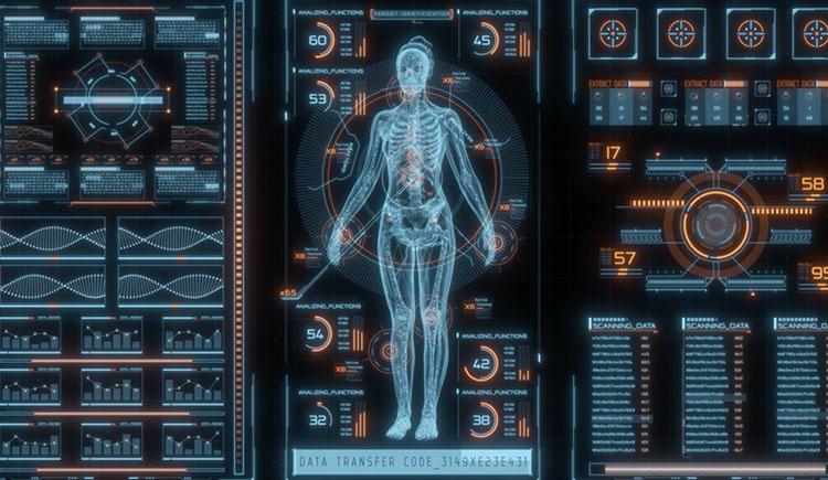 Digital illustration of human body on a futuristic computer screen