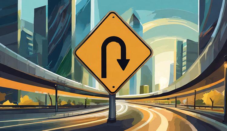 An illustration of yellow U-turn sign on a curved highway