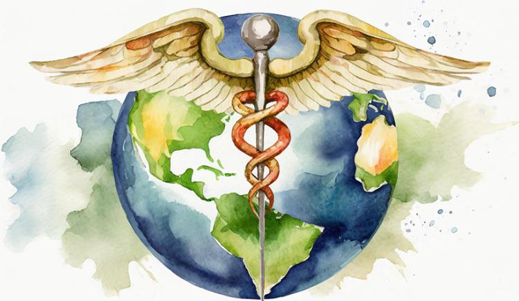 Watercolor-style image of a caduceus in front of the planet Earth