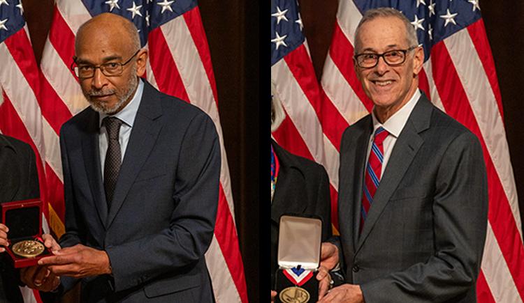 Images of Emery Brown and David Walt holding medals