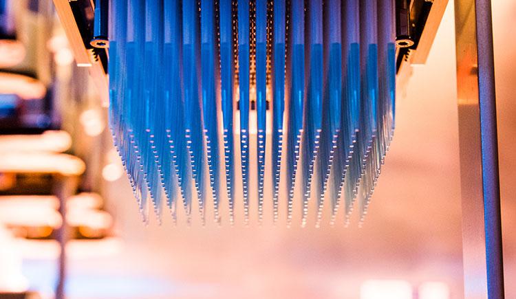 Narrow pipettes hanging upside down from a high-throughput screener