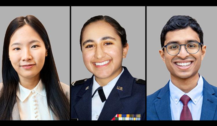 three portrait photographs, from left to right: Carina Shiau, Jupneet Singh, and Sreekar Mantena